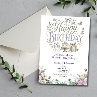 Purple Green Watercolor Florals Birthday Her Invitation