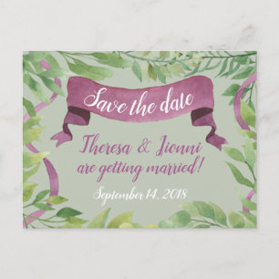 Purple & Green Watercolor Leaves - Save the Date Announcement Postcard