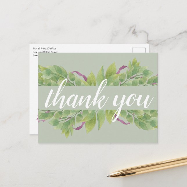 Purple & Green Watercolor Leaves - Thank you Postcard (Front/Back In Situ)