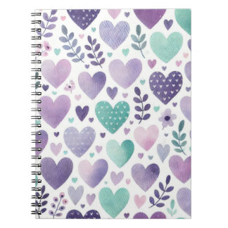 PURPLE GREEN WATERCOLOR LOVE HEARTS NOTEBOOK