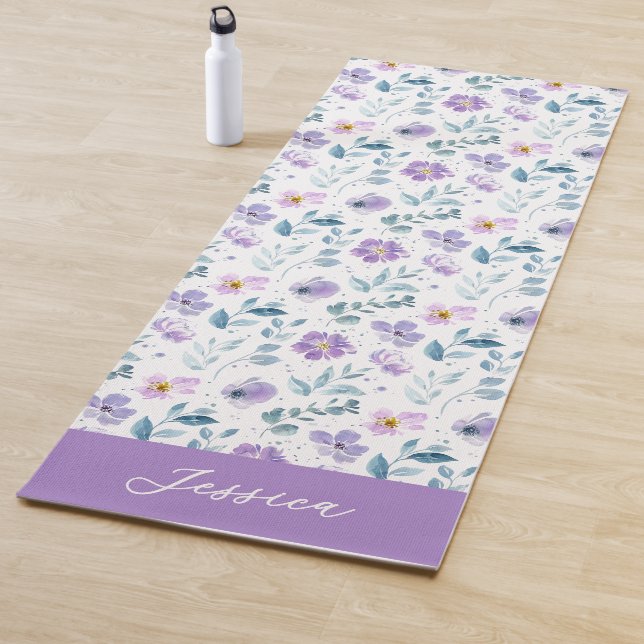 Purple Green Watercolor Wildflower Custom Name Yoga Mat (In Situ)