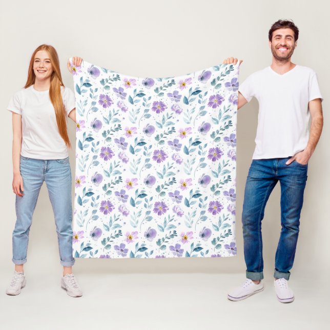 Purple Green Watercolor Wildflower Fleece Blanket (In Situ)