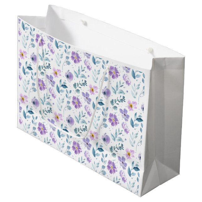 Purple Green Watercolor Wildflower Large Gift Bag (Front Angled)