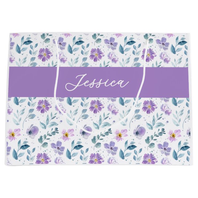 Purple Green Watercolor Wildflower Monogram Name Large Gift Bag (Front)