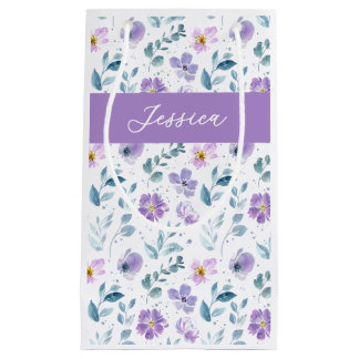 Purple Green Watercolor Wildflower Monogram Name Small Gift Bag
