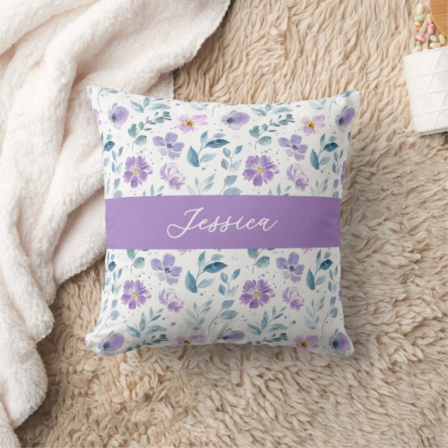 Purple Green Watercolor Wildflower Monogram Name Throw Pillow (Blanket)