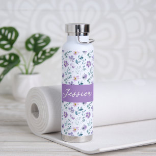 Purple Green Watercolor Wildflower Monogram Name Water Bottle