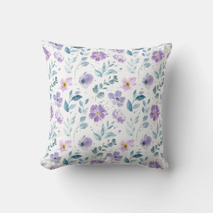 Purple Green Watercolor Wildflower Throw Pillow