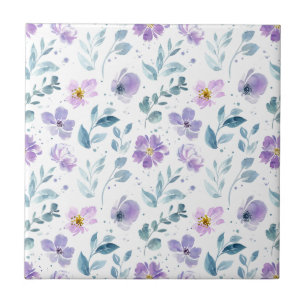 Purple Green Watercolor Wildflower Tile