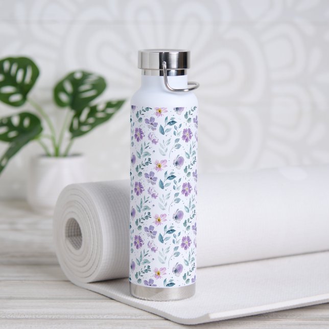 Purple Green Watercolor Wildflower Water Bottle (Yoga)