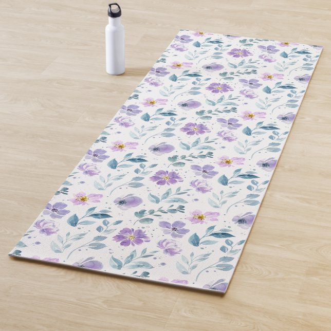 Purple Green Watercolor Wildflower Yoga Mat (In Situ)