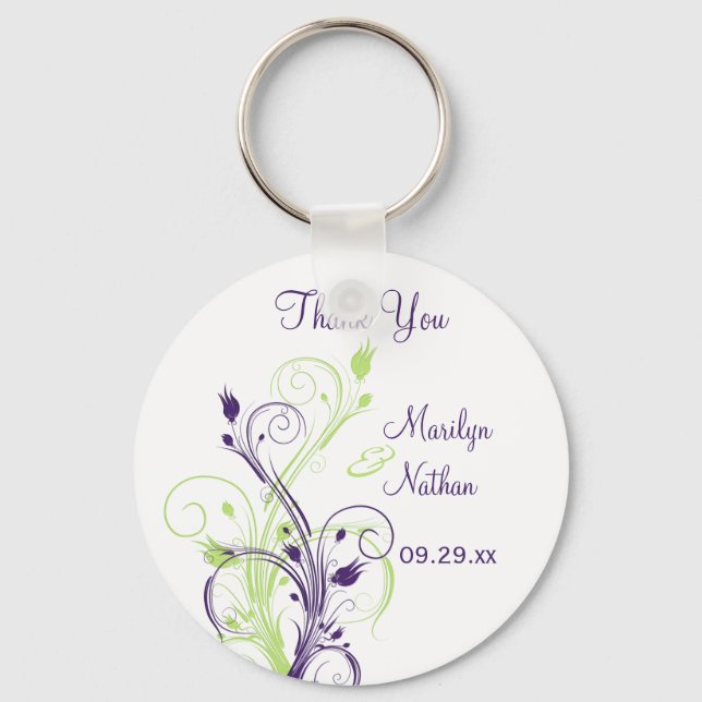 Purple Green White Floral Wedding Favour Key Chain (Front)