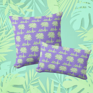 Purple Green White Palm Aloha Tropical  Throw Pillow