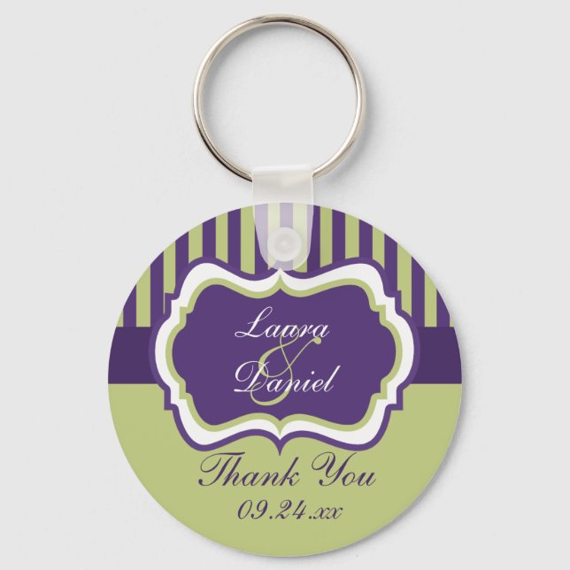 Purple, Green, White Striped Wedding Favour Keychain (Front)