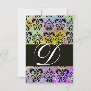 PURPLE GREEN YELLOW BLACK  DAMASK MONOGRAM RSVP CARD