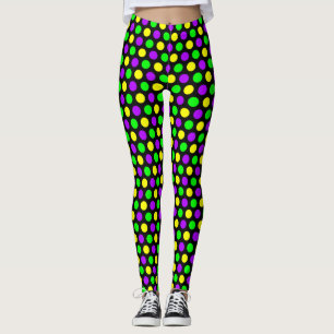 Purple Green Yellow Dots Black Mardi Gras Leggings