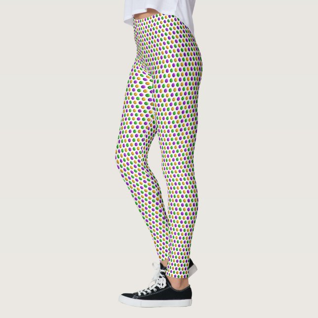 Purple Green Yellow Dots White Mardi Gras Leggings (Left)