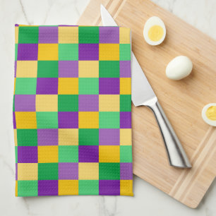PURPLE GREEN YELLOW MARDI GRAS CHECKED PATTERN KITCHEN TOWEL