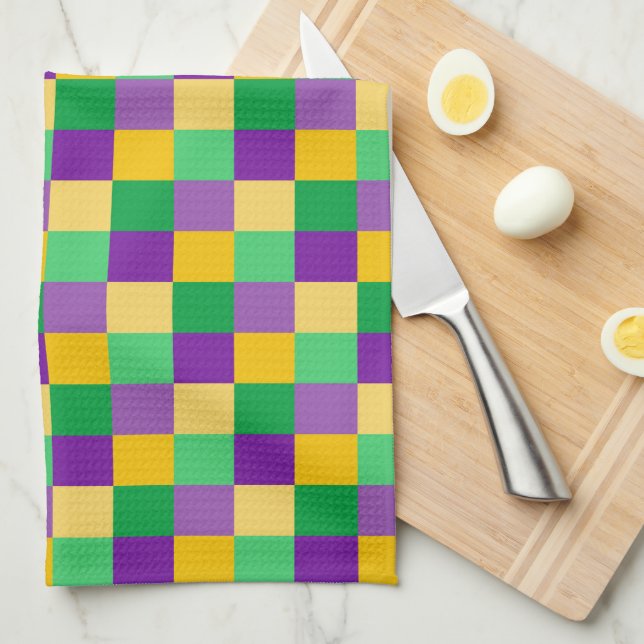 PURPLE GREEN YELLOW MARDI GRAS CHECKED PATTERN KITCHEN TOWEL (Quarter Fold)
