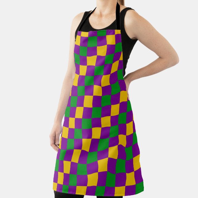 PURPLE GREEN YELLOW MARDI GRAS CHECKERED PATTERN APRON (Insitu)