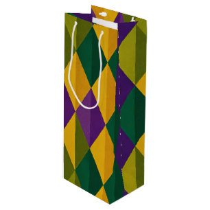 PURPLE GREEN YELLOW MARDI GRAS DIAMOND PATTERN WINE GIFT BAG