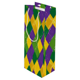PURPLE GREEN YELLOW MARDI GRAS DIAMOND PATTERN WINE GIFT BAG