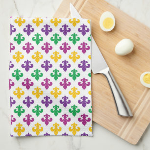 PURPLE GREEN YELLOW MARDI GRAS FLEUR DI LIS KITCHEN TOWEL