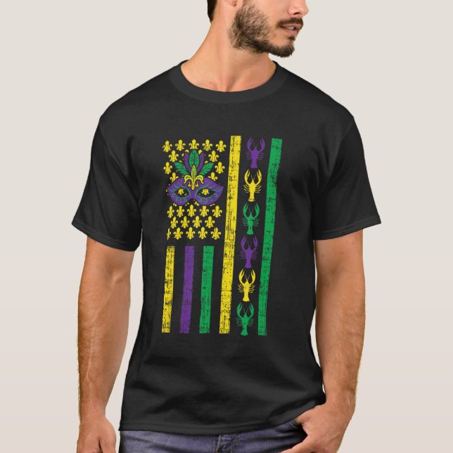 Purple Green Yellow Us Flag Crawfish Jester Funny  T-Shirt (Front)