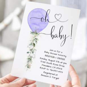 Purple Greenery Balloon Baby Shower Invitation