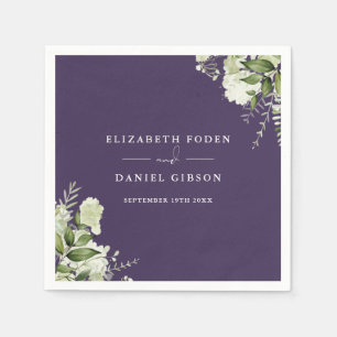 Purple Greenery Floral Elegant Names Date Napkin