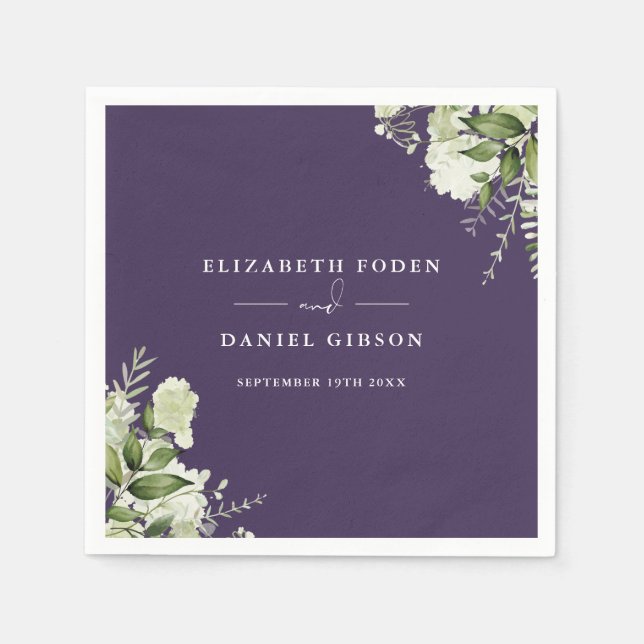 Purple Greenery Floral Elegant Names Date Napkin (Front)
