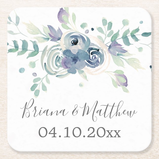 Purple Greenery Floral Elegant Wedding Square Paper Coaster (Front)