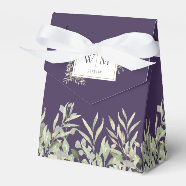 Purple Greenery Foliage Monogram Wedding Favor Box (Front Side)