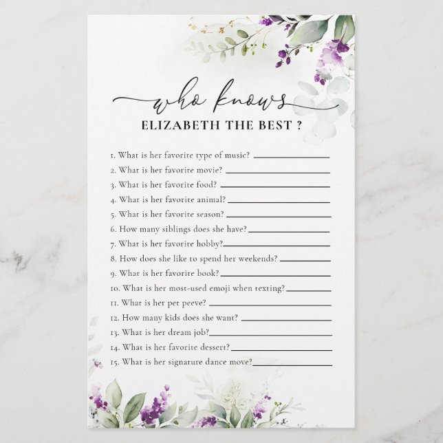 Purple Greenery Lavender Bridal Shower Game (Front)