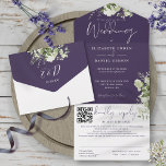 Purple Greenery Monogram QR Code Wedding All In One Invitation<br><div class="desc">All in one purple wedding invitation featuring botanical greenery,  rustic leaves and elegant typography. The invitation includes a perforated RSVP card with your wedding website QR code and details. Designed by Thisisnotme©</div>