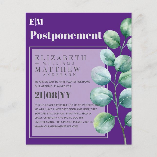 Purple Greenery POSTPONEMENT Change of Plan Notice (Front)