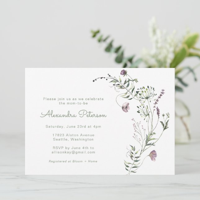 Purple Greenery Watercolor Floral Baby Shower Invitation (Standing Front)