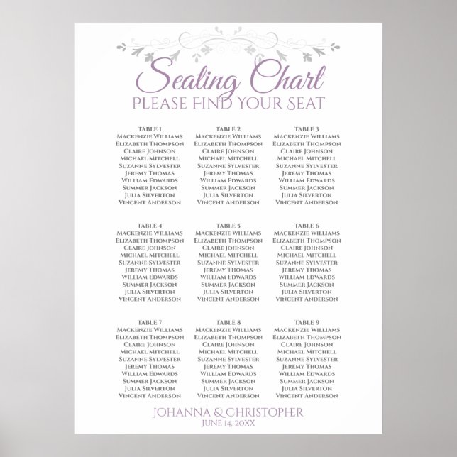 Purple & Grey 9 Table Wedding Seating Chart (Front)