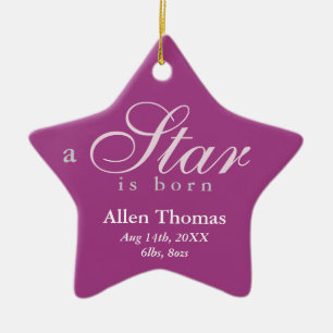 Purple grey a star is born baby name announcement ceramic ornament