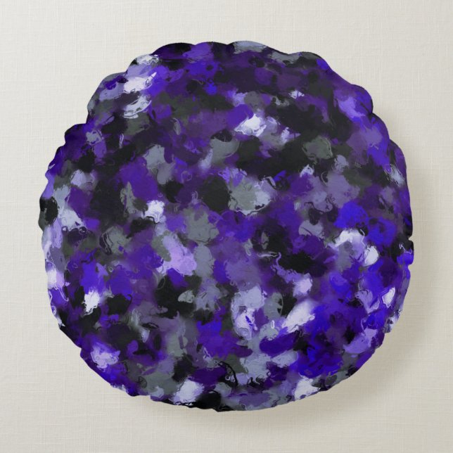 Purple, Grey, Black and Blue Abstract Round Pillow (Front)