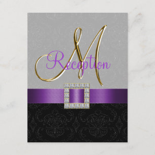 Purple Grey Black Damask Gold Reception Card