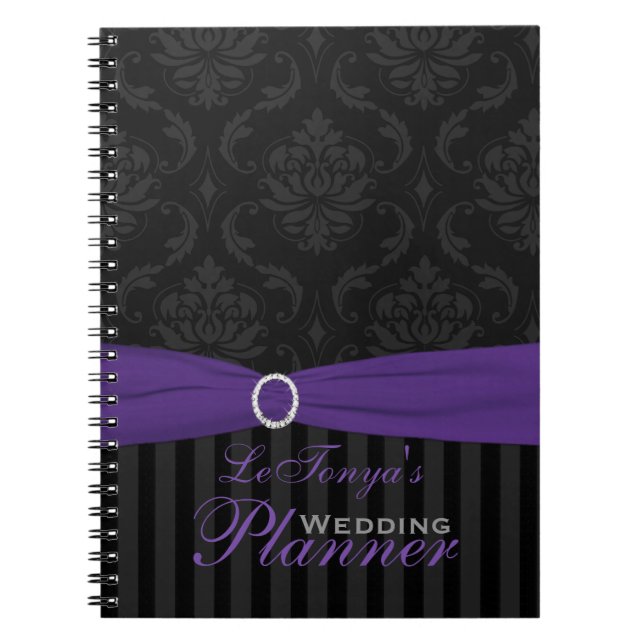 Purple, Grey, Black Damask Striped Notebook (Front)