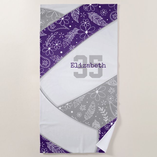 purple grey boho floral paisley pattern volleyball beach towel (Front)