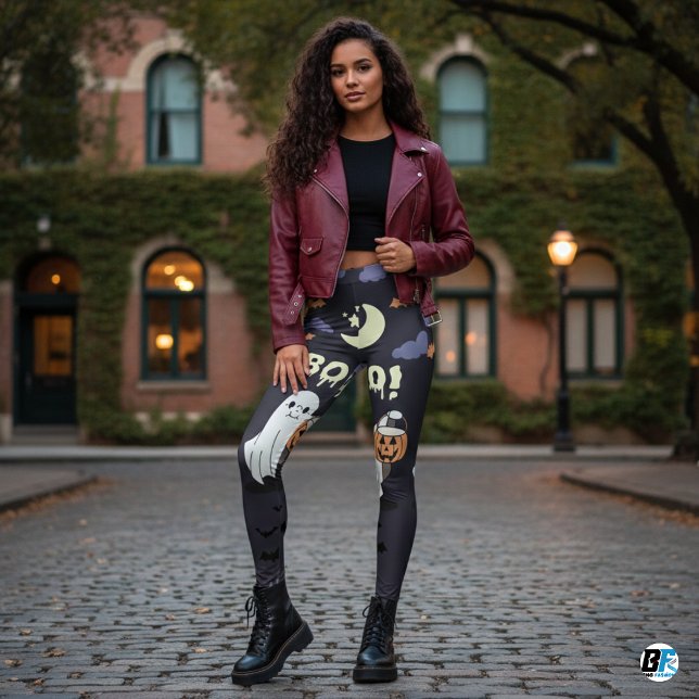 Purple & Grey “Boo!” Cute Halloween Party Leggings (Creator Uploaded)