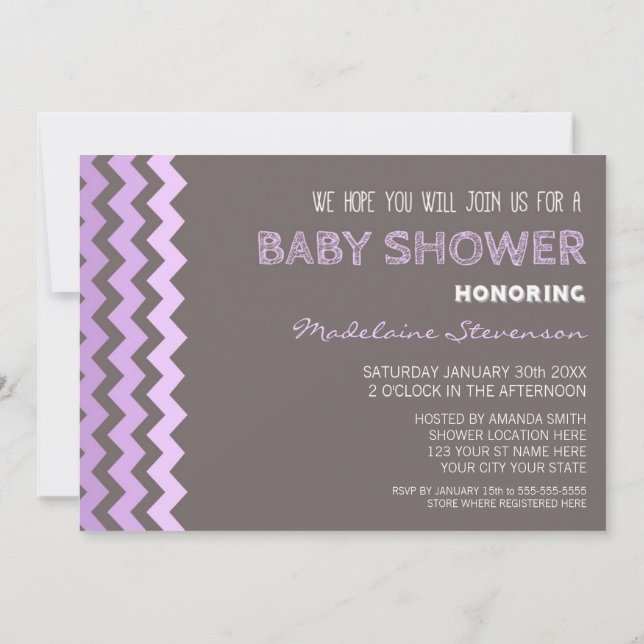 Purple Grey Chevron Custom Baby Shower Invitations (Back)