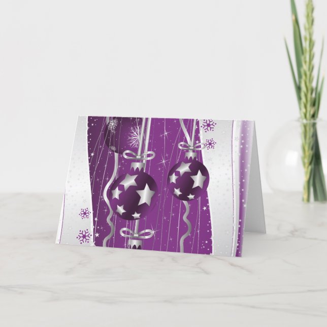Purple, grey Christmas balls stars and snowflakes Holiday Card (Front)