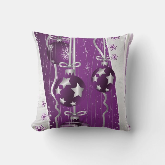 Purple, grey Christmas balls stars and snowflakes Throw Pillow (Front)