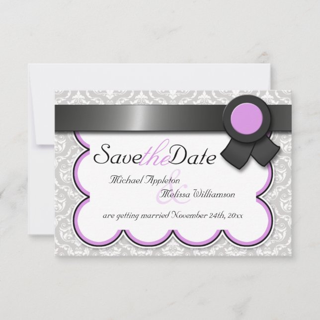 Purple & Grey Damask Save the Date Announcements (Front)