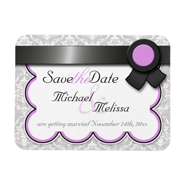 Purple & Grey Damask Save the Date flat Magnet (Horizontal)