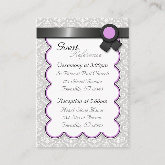 Purple & Grey Damask Wedding Guest Reference Cards (Front)